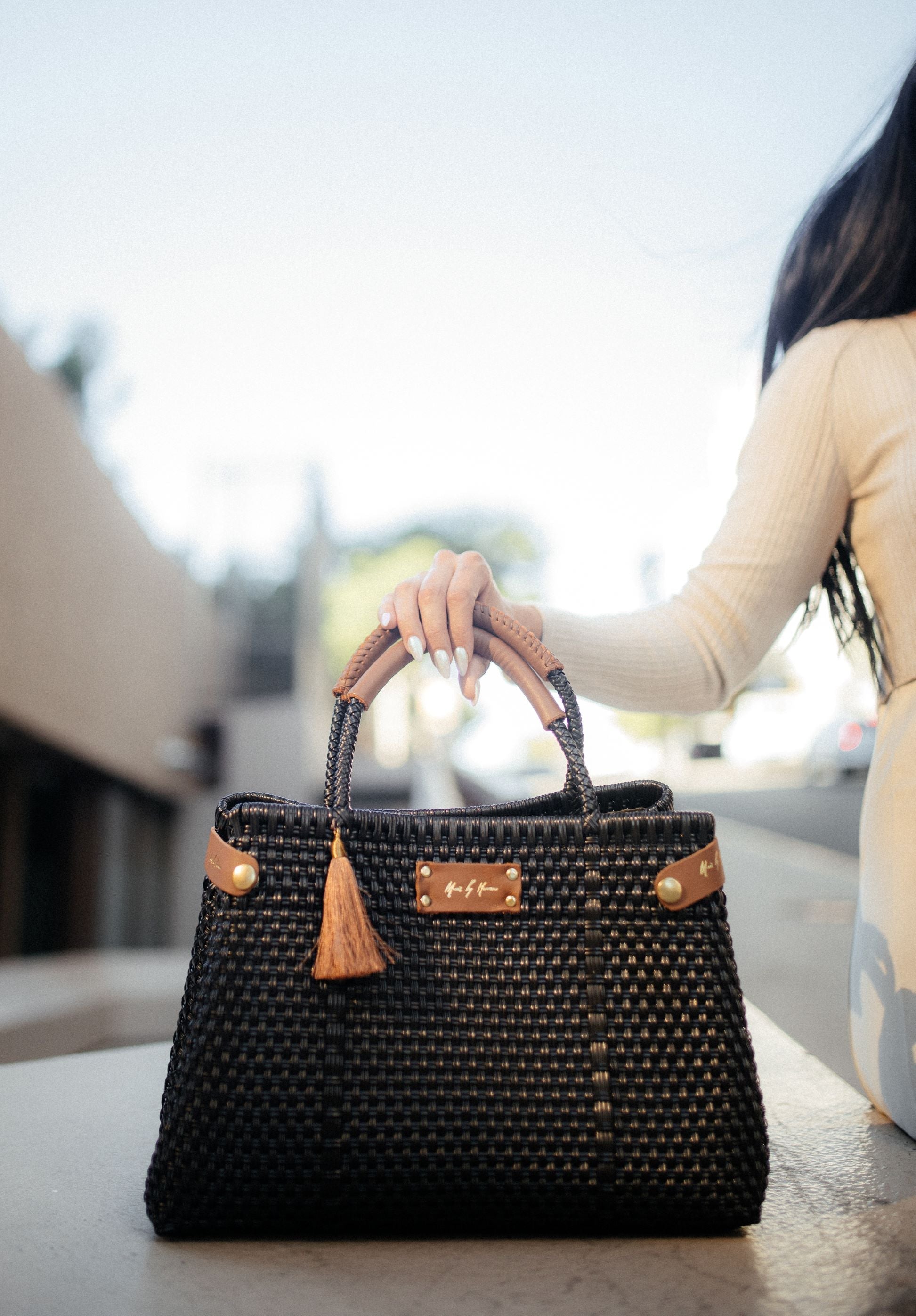 Less Pollution Convertible Handbag -Black Pearl | Handle Size: Regular 6"" Refurbished - Mavis by Herrera refurbished available on Cerqular