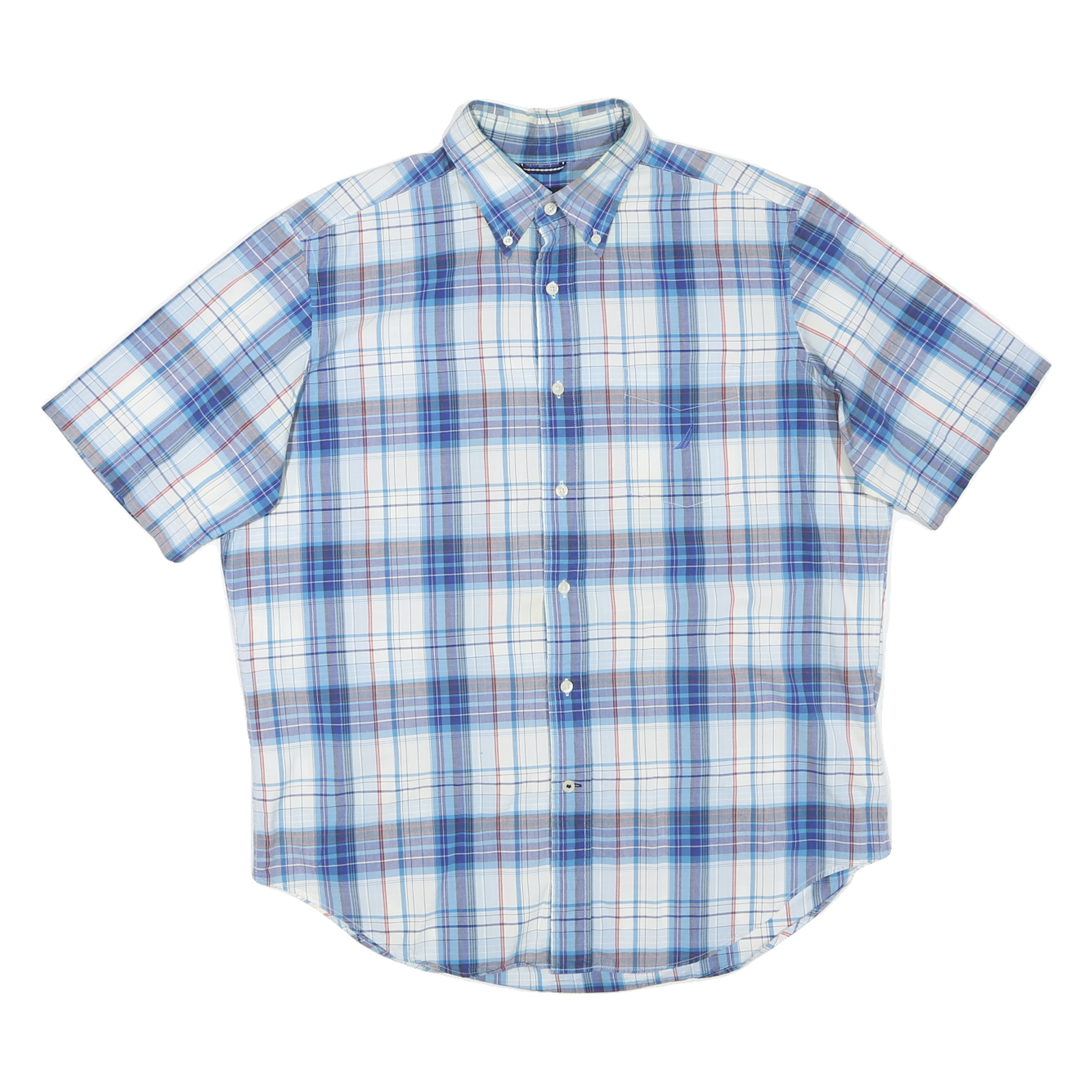 NAUTICA Mens Blue & Grey Checked Cotton Blend Shirt L Button Down Short Sleeve Refurbished - N/A refurbished available on Cerqular