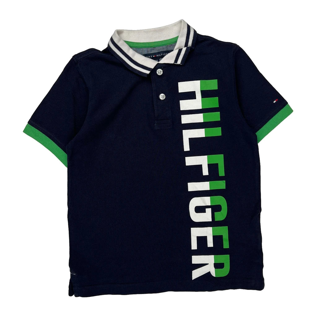 Age 8-10 Tommy Hilfiger Spellout Polo Shirt - Small Green Cotton Refurbished - Thrifted (note: this is a term often used to describe second- refurbished available on Cerqular