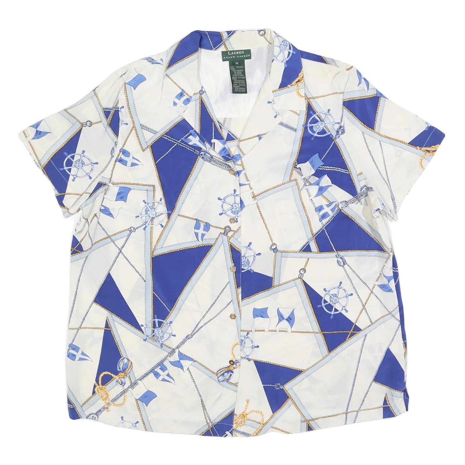 LAUREN RALPH LAUREN Womens White & Blue Printed Silk Short Sleeve Shirt XL Refurbished - N/A refurbished available on Cerqular