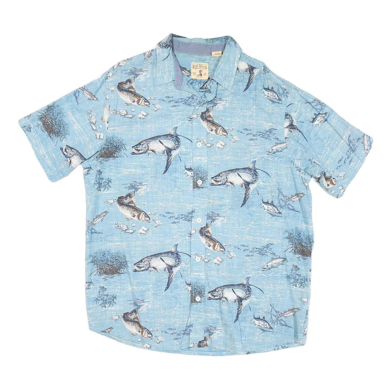 REDHEAD Mens Blue Fish Print Cotton Blend Shirt L Short Sleeve Casual Summer Refurbished - N/A refurbished available on Cerqular