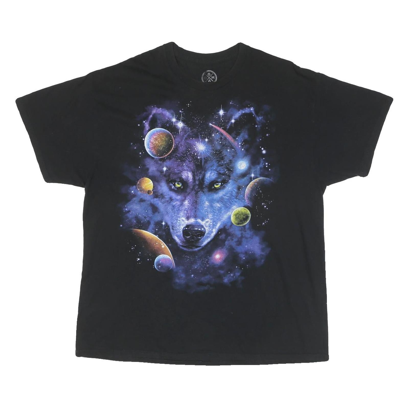 DOM Mens Black Space Wolf Graphic T-Shirt XL Short Sleeve Crew Neck Unique Print Refurbished - N/A refurbished available on Cerqular