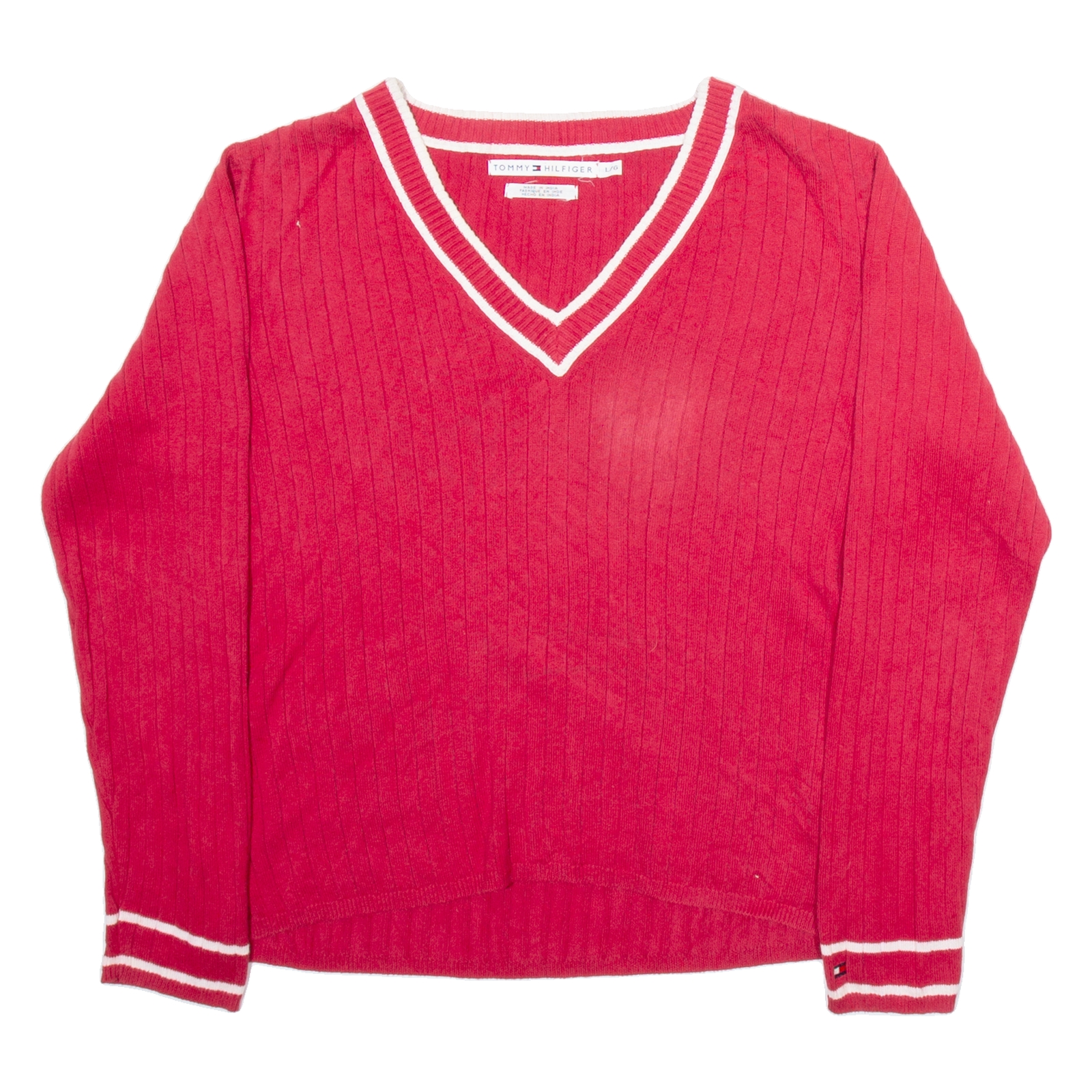 TOMMY HILFIGER Mens Jumper Red V-Neck Tight Knit L Refurbished - N/A refurbished available on Cerqular