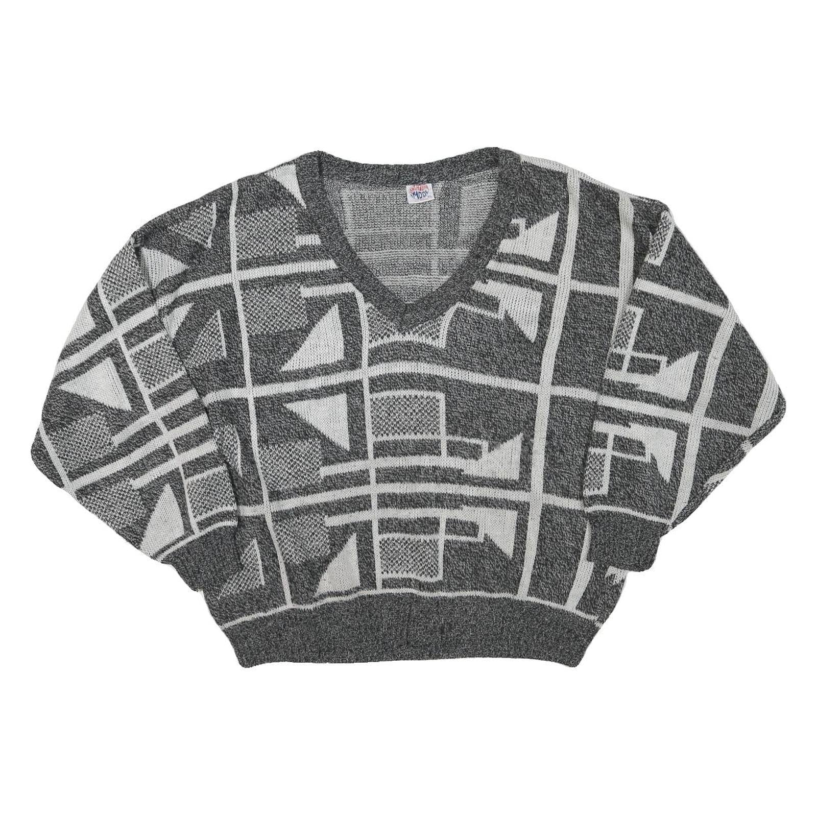 FANTASIA MODE Womens Grey & Cream Patterned Jumper V-Neck Basic Knit XL Abstract Refurbished - N/A refurbished available on Cerqular