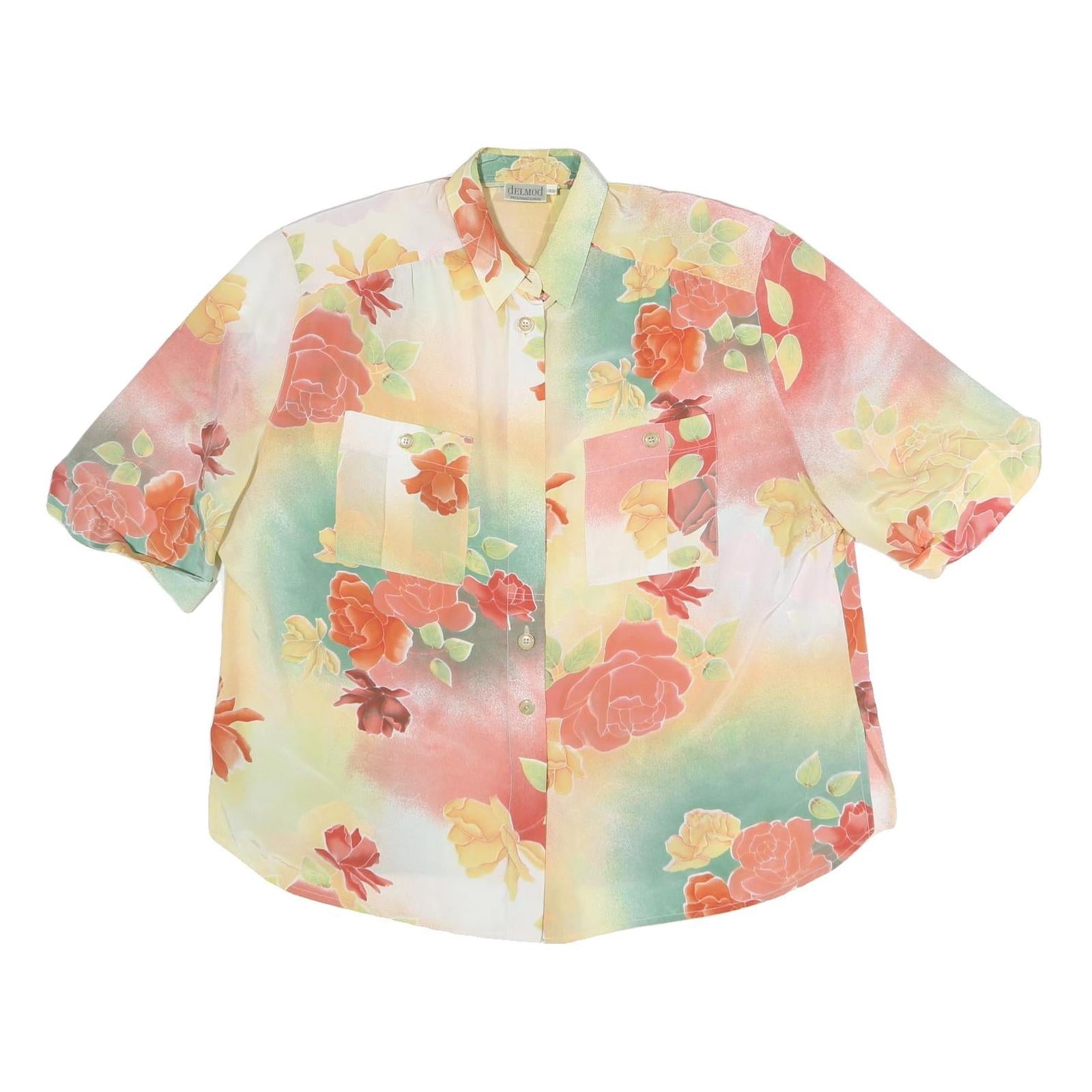 DEL MOD Womens Yellow & Green Floral Printed Shirt Short Sleeve Collared XL Refurbished - N/A refurbished available on Cerqular