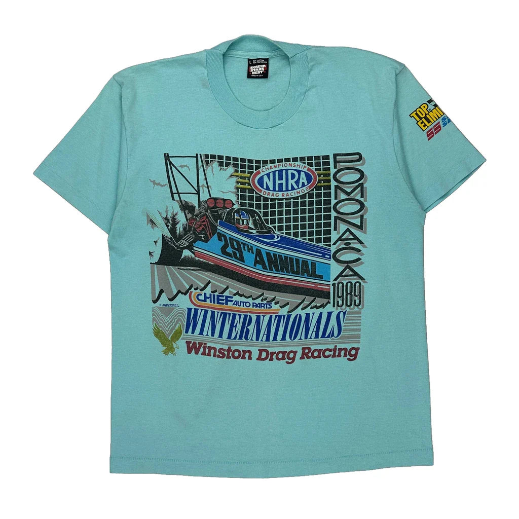 Nhra Pomona Drag Racing Screen Stars Graphic T-Shirt - Large Blue Cotton Blend Refurbished - Thrifted (note: this is a term often used to describe second- refurbished available on Cerqular