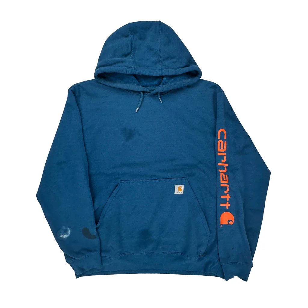 Carhartt Spellout Hoodie - Large Blue Cotton Refurbished - Thrifted (note: this is a term often used to describe second- refurbished available on Cerqular