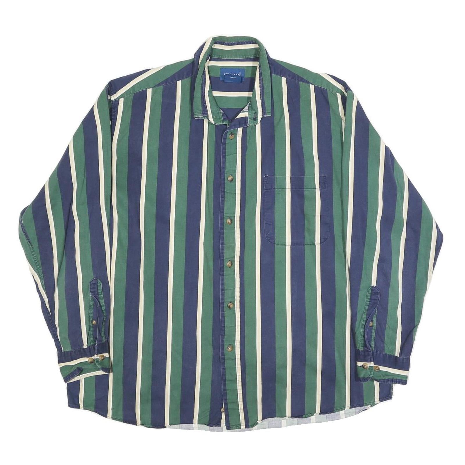 TOWN CRAFT Mens Green & Blue Striped Shirt XL Classic Cotton Blend Button Front Refurbished - N/A refurbished available on Cerqular