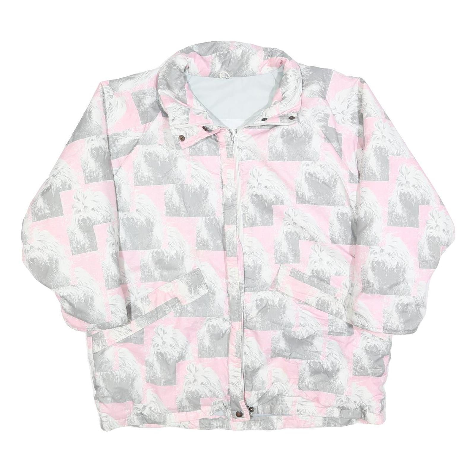 Womens Pink & Grey Dog Print Casual Jacket L Polyester Blend Zip Pocketed Refurbished - N/A refurbished available on Cerqular