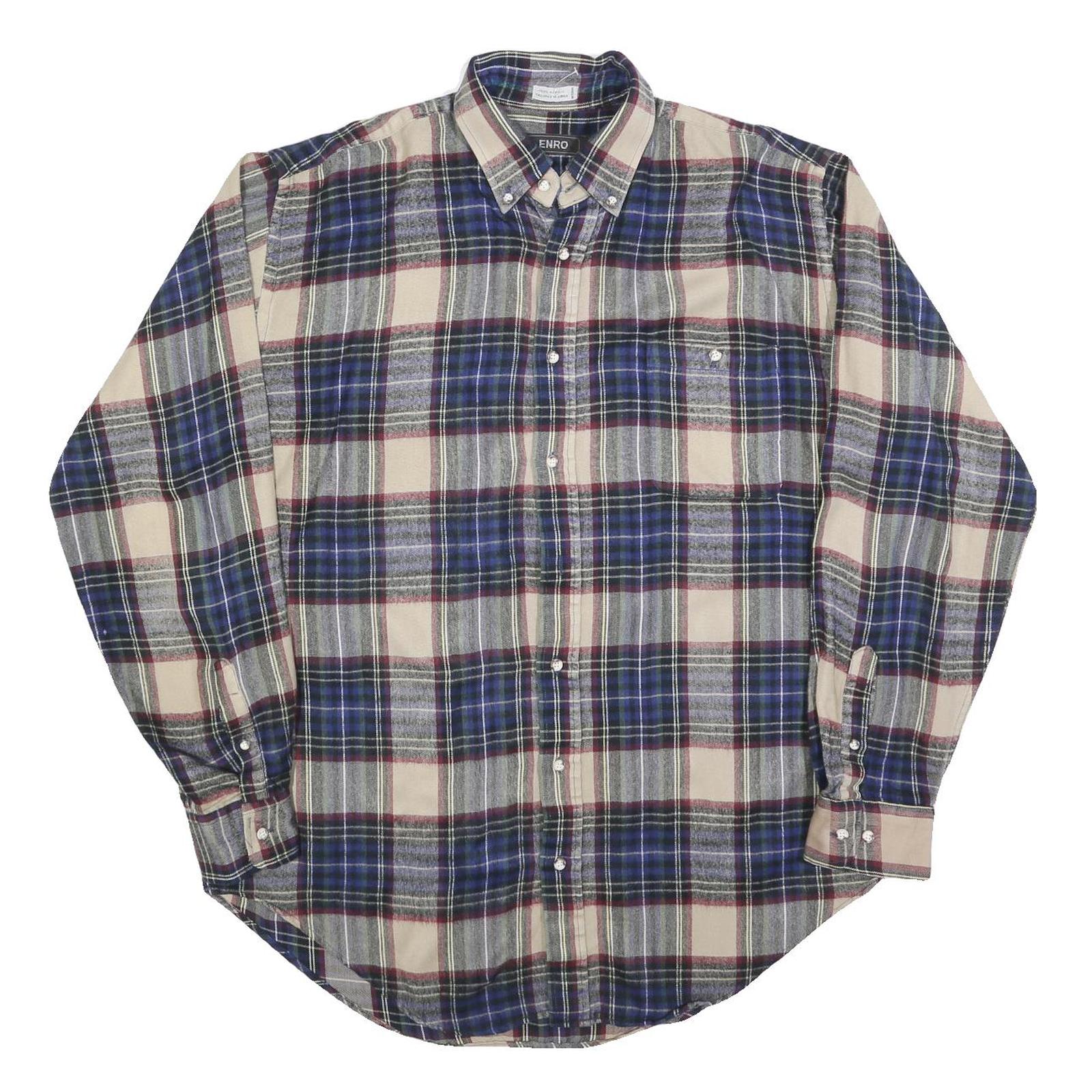 ENRO Mens Beige Blue Plaid Acrylic Shirt L Comfortable Classic Button-Down Refurbished - N/A refurbished available on Cerqular
