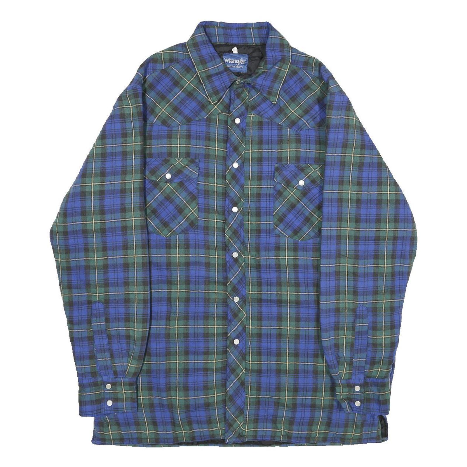 WRANGLER Mens Blue Green Jacket L Cotton Blend Check Button Closure Casual Refurbished - N/A refurbished available on Cerqular