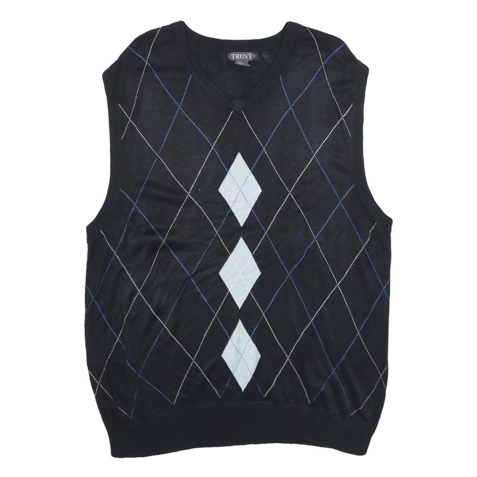 TRUST Mens Black Argyle Pattern V-Neck Chunky Knit XL Sleeveless Jumper Vest Refurbished - N/A refurbished available on Cerqular