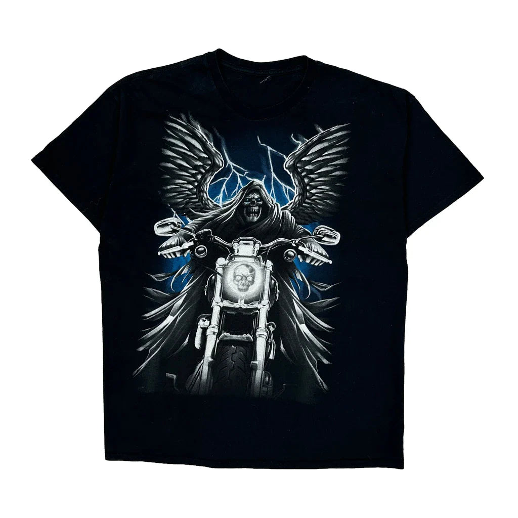 Liquid Blue Graphic T-Shirt - Large Black Cotton Refurbished - Thrifted (note: this is a term often used to describe second- refurbished available on Cerqular