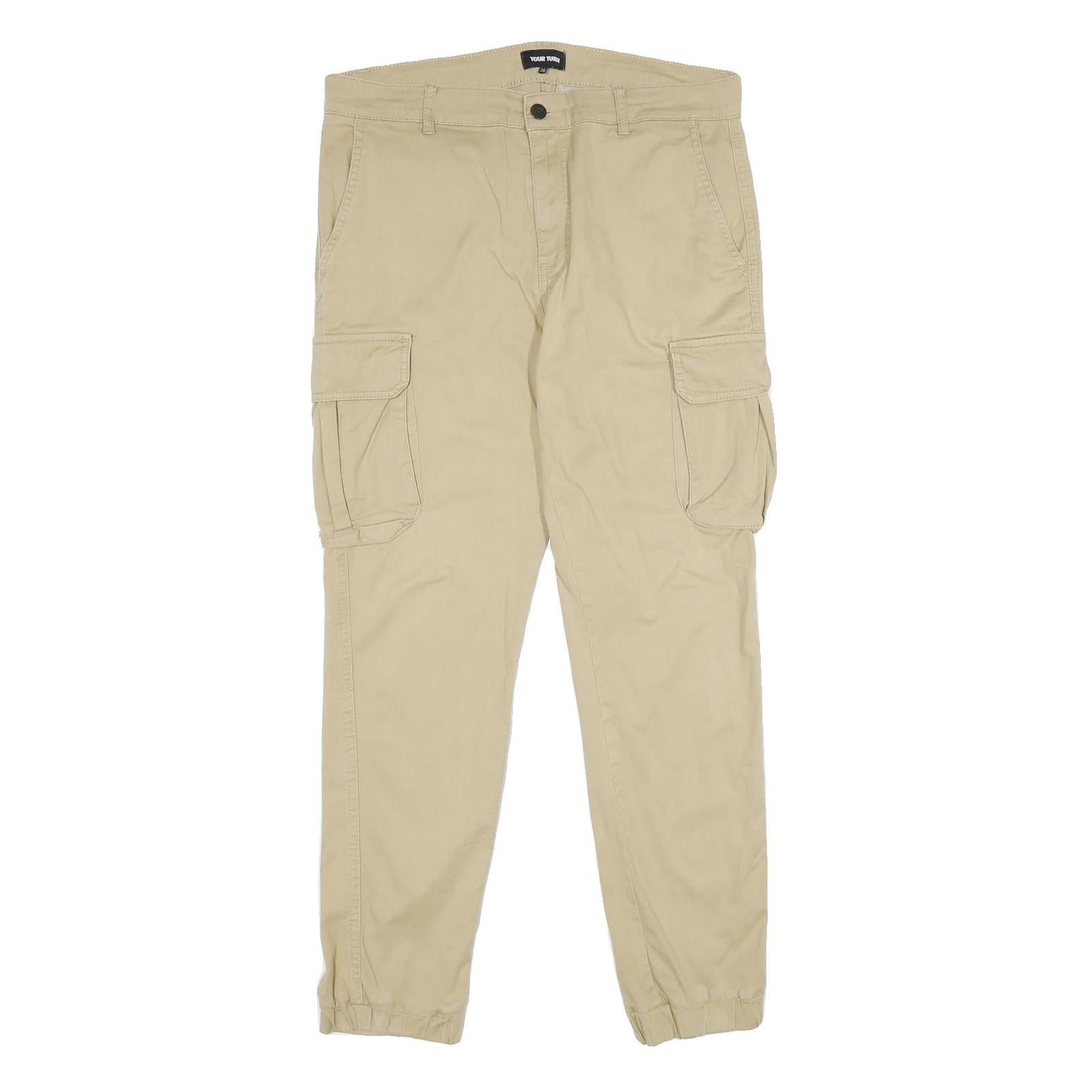 YOURTURN Mens Regular Fit Beige Cargo Trousers W34 L30 Cotton Blend Zip Pockets Refurbished - N/A refurbished available on Cerqular