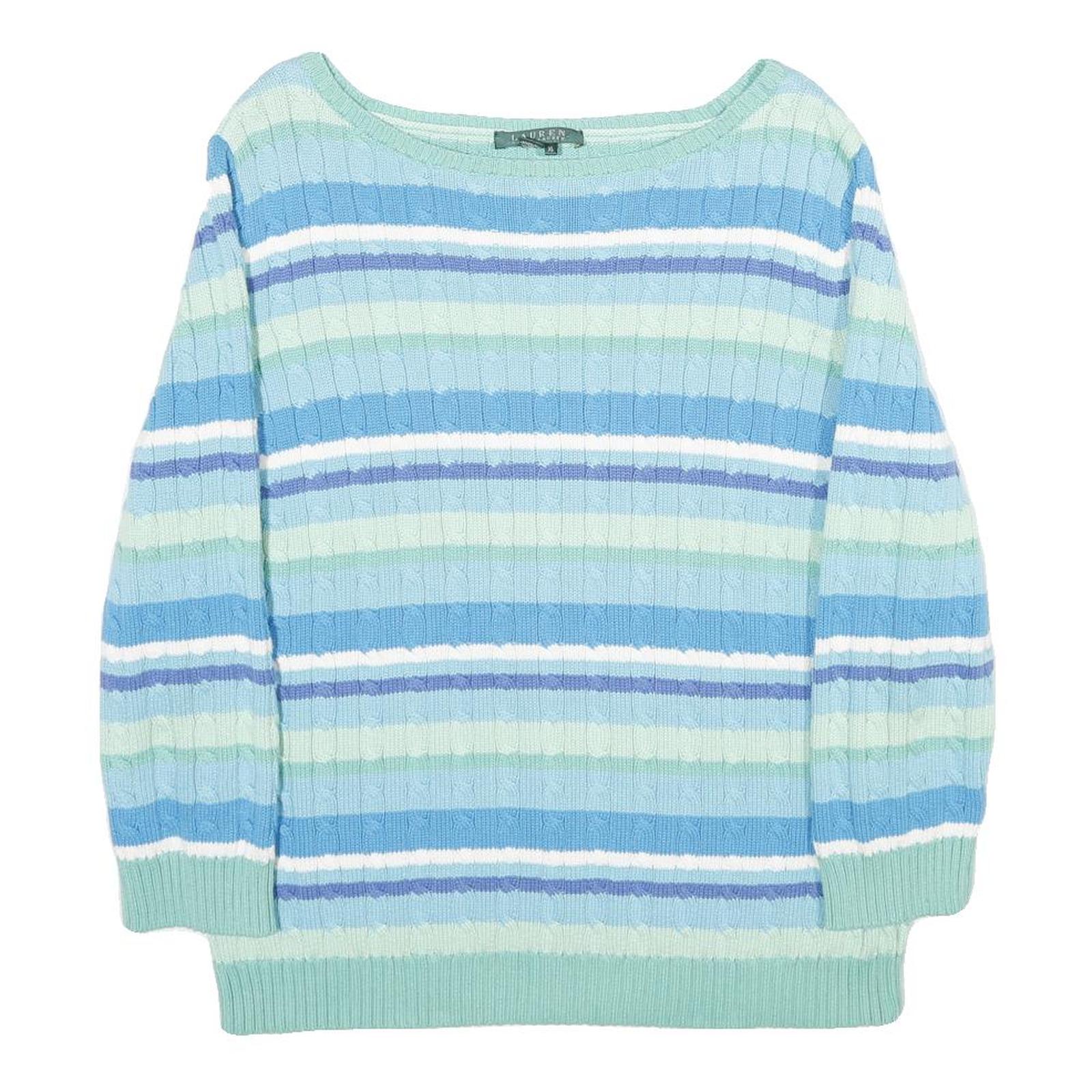 LAUREN RALPH LAUREN Womens Blue & Green Striped Pattern Cotton Cable Knit Jumper Refurbished - N/A refurbished available on Cerqular