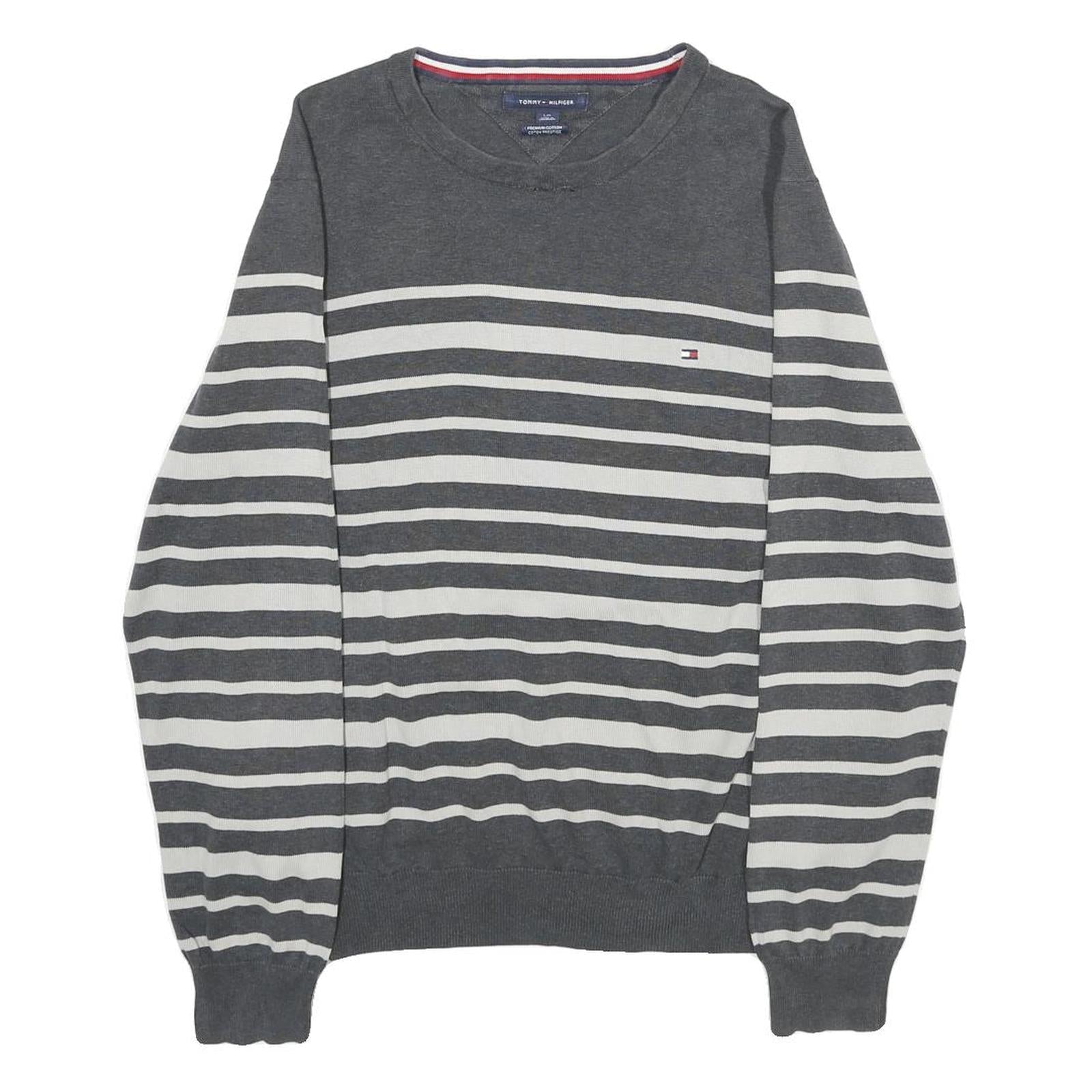 TOMMY HILFIGER Mens Grey & White Patterned Cotton Jumper Crew Neck M Striped Refurbished - N/A refurbished available on Cerqular