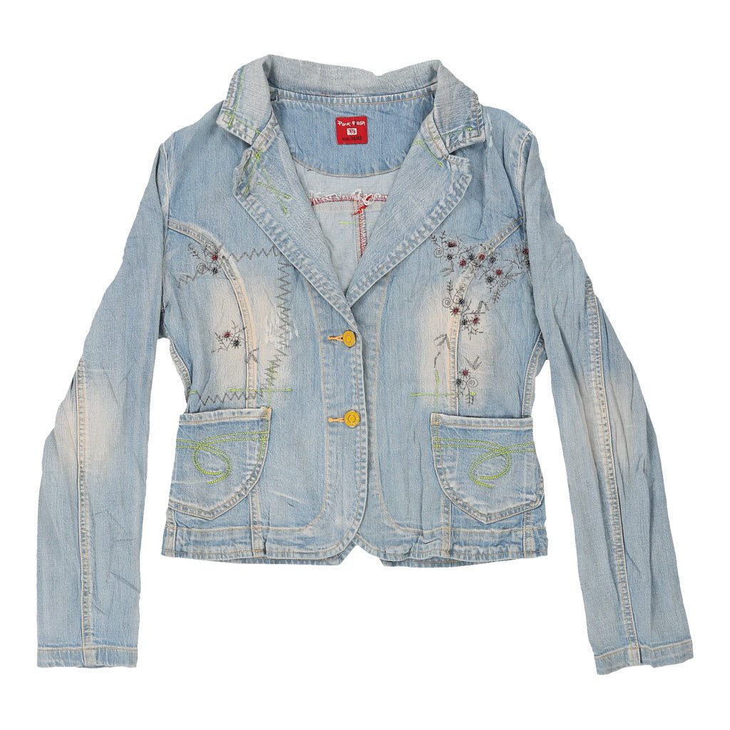Y2K Park Flash Embroidered Denim Jacket - Medium Light Wash Cotton Refurbished - Thrifted (note: this is a term often used to describe second- refurbished available on Cerqular