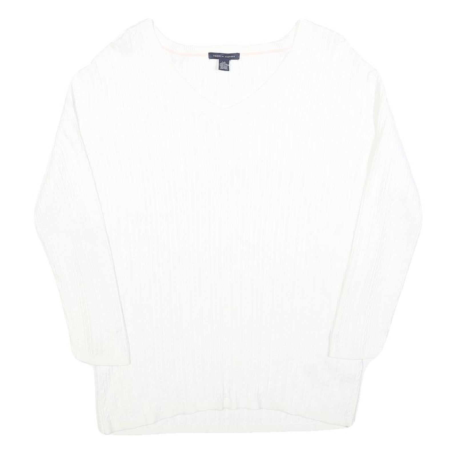 TOMMY HILFIGER Womens White Plain V Neck Cable Knit Jumper L Soft Cotton Refurbished - N/A refurbished available on Cerqular