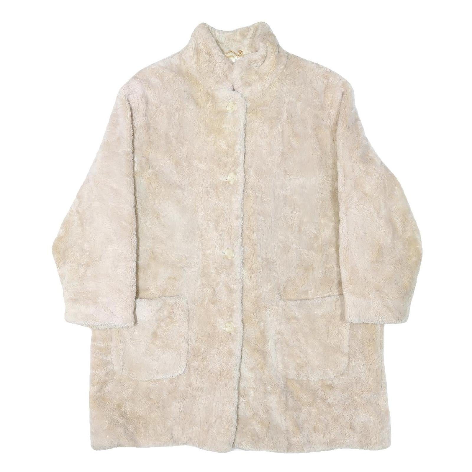 Womens Cream Button Jacket L Polyester Blend Plain Faux Fur Button Closure Refurbished - N/A refurbished available on Cerqular