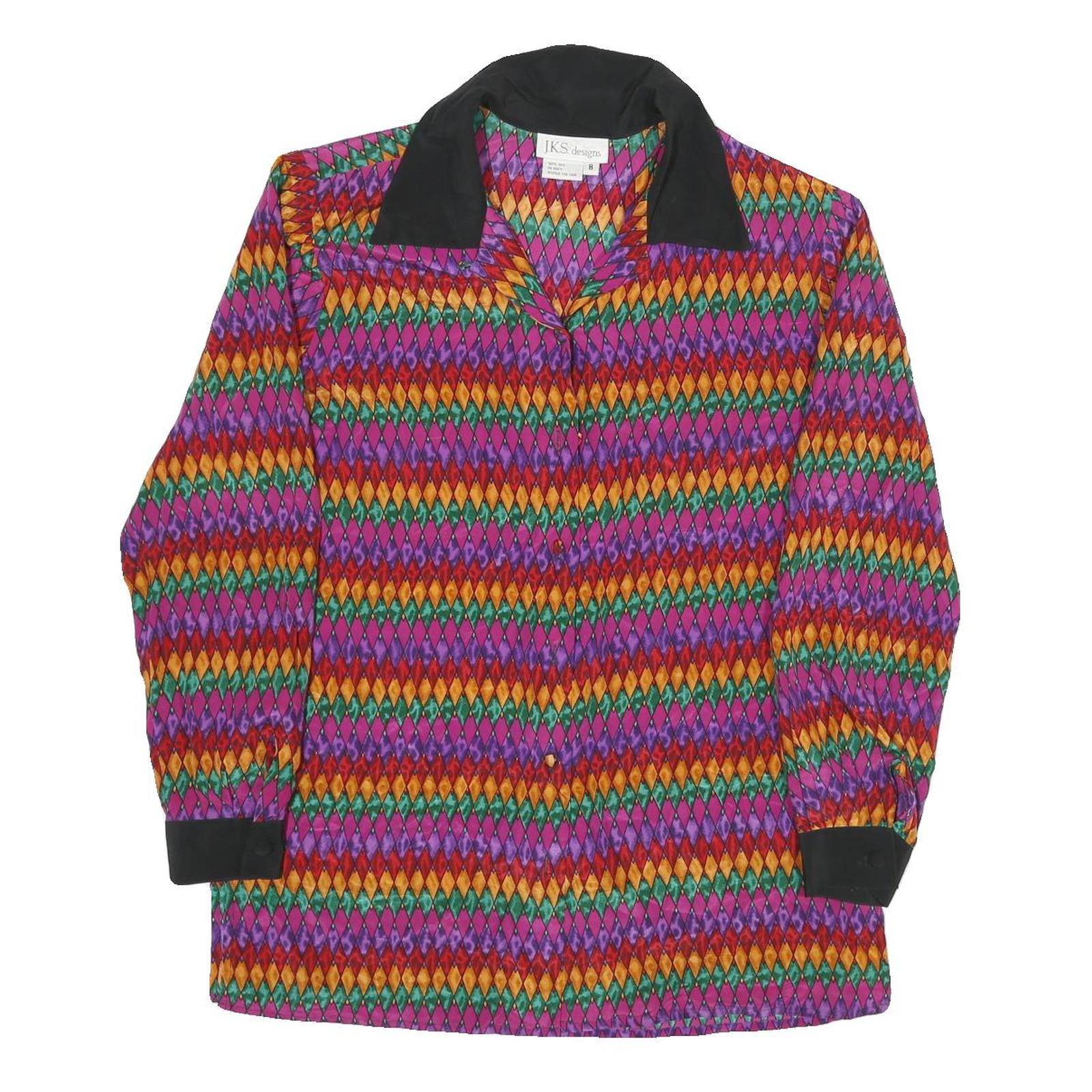 JKS DESIGN Womens Purple Orange Green Printed Long Sleeve Collared Silk Shirt UK Refurbished - N/A refurbished available on Cerqular