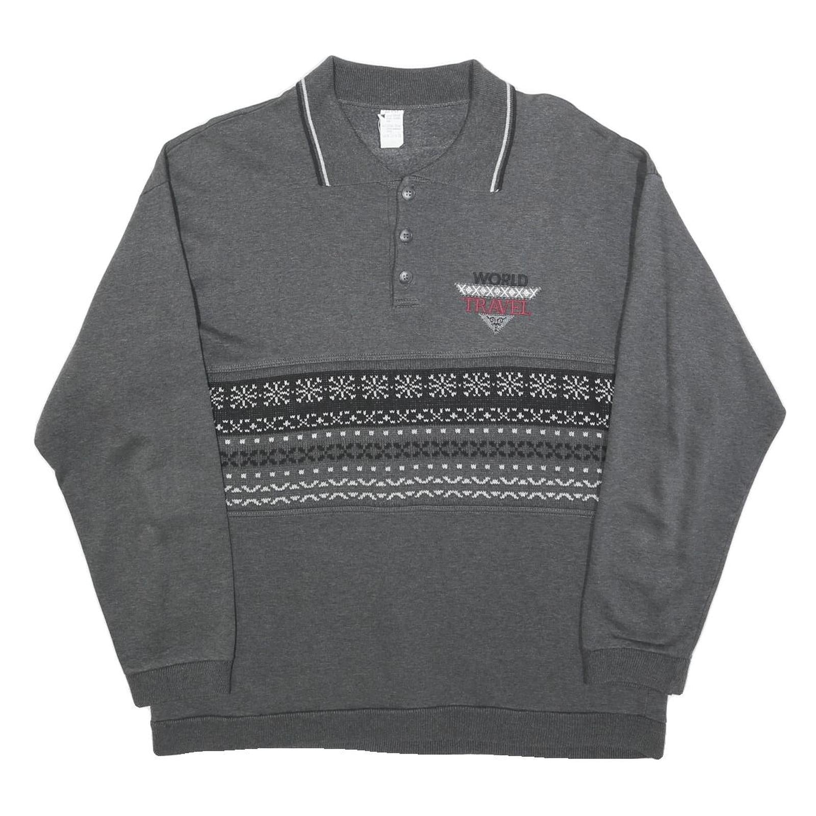 Mens Grey Polo Collar L Sweatshirt Travel Motif Cotton Blend Knit Refurbished - N/A refurbished available on Cerqular