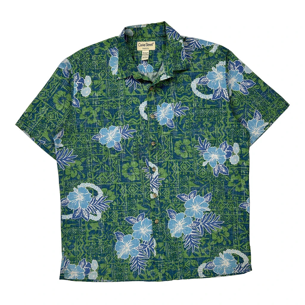Cooke Street Floral Hawaiian Shirt - Large Blue Cotton Refurbished - Thrifted (note: this is a term often used to describe second- refurbished available on Cerqular