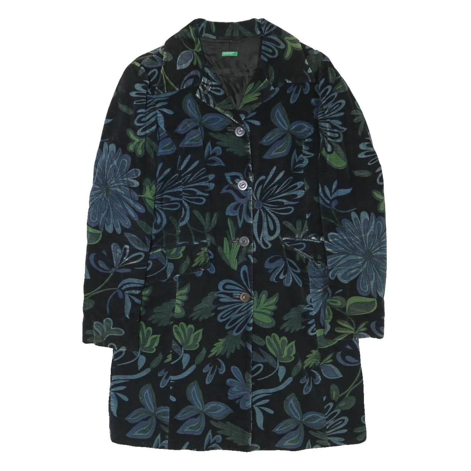 BENETTON Womens Blue & Green Floral Button Jacket XS Polyester Blend Velvet Refurbished - N/A refurbished available on Cerqular