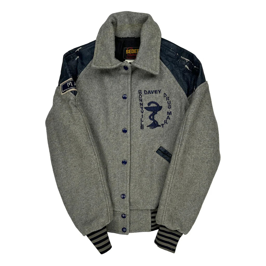 Seder Varsity Jacket - Medium Blue Wool Blend Refurbished - Thrifted (note: this is a term often used to describe second- refurbished available on Cerqular