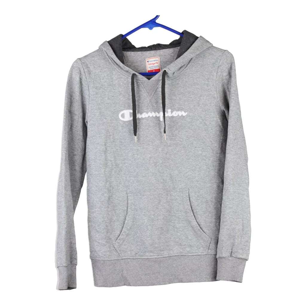 Champion Spellout Hoodie - Medium Grey Cotton Blend Refurbished - Thrifted (note: this is a term often used to describe second- refurbished available on Cerqular