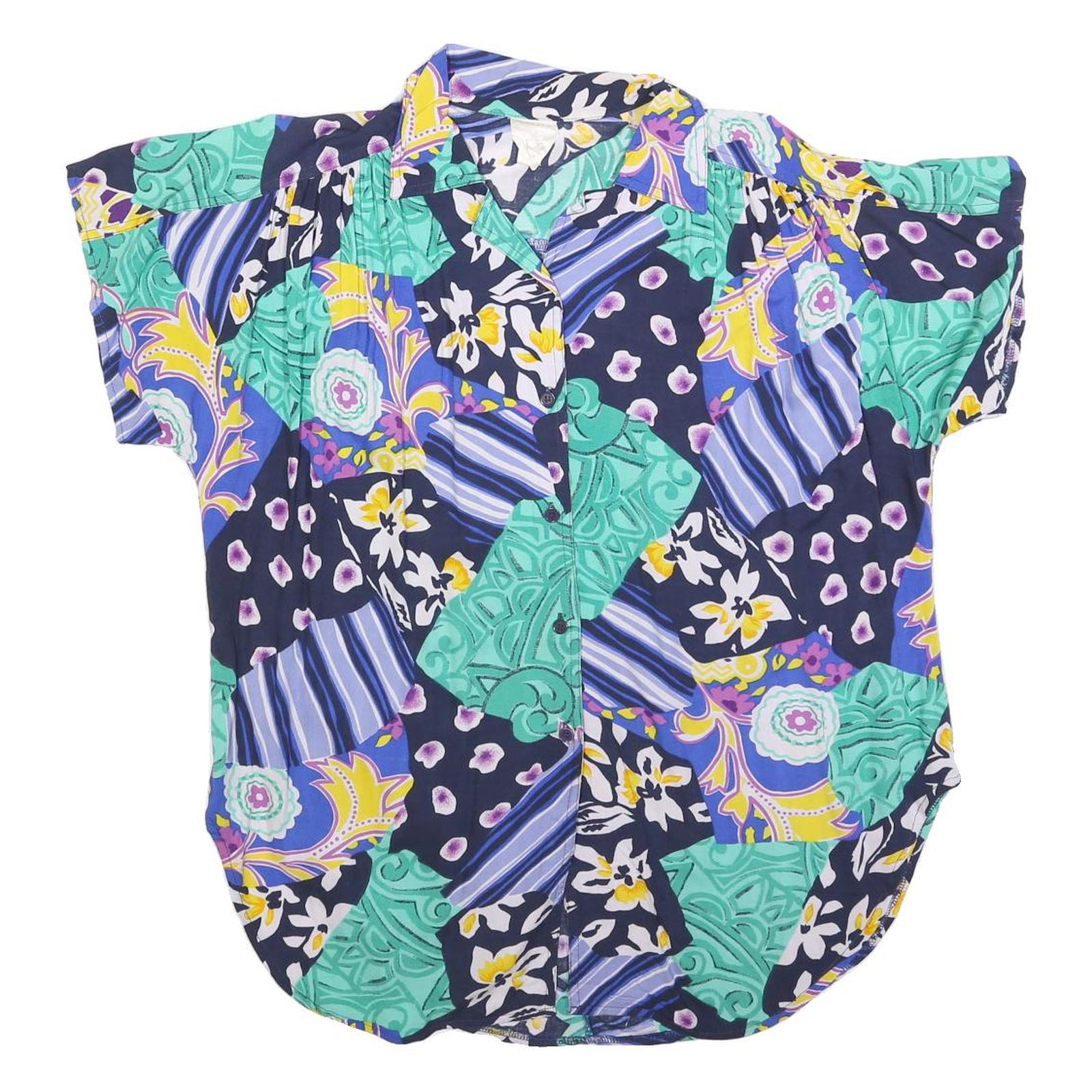 Womens Blue Green Yellow Patchwork Printed Button Short Sleeve Shirt L Relaxed Refurbished - N/A refurbished available on Cerqular