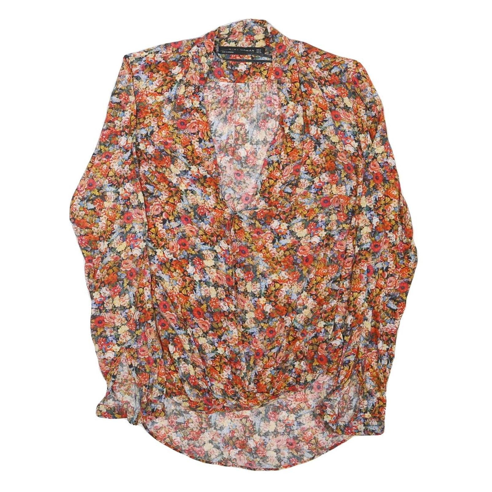 ZARA Womens Orange Floral Print Blouse Long Sleeve V-Neck S Lightweight Refurbished - N/A refurbished available on Cerqular