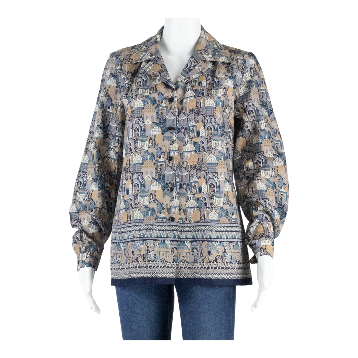 Womens Printed Blouse Blue V-Neck Long Sleeve Crazy Pattern L Refurbished - N/A refurbished available on Cerqular
