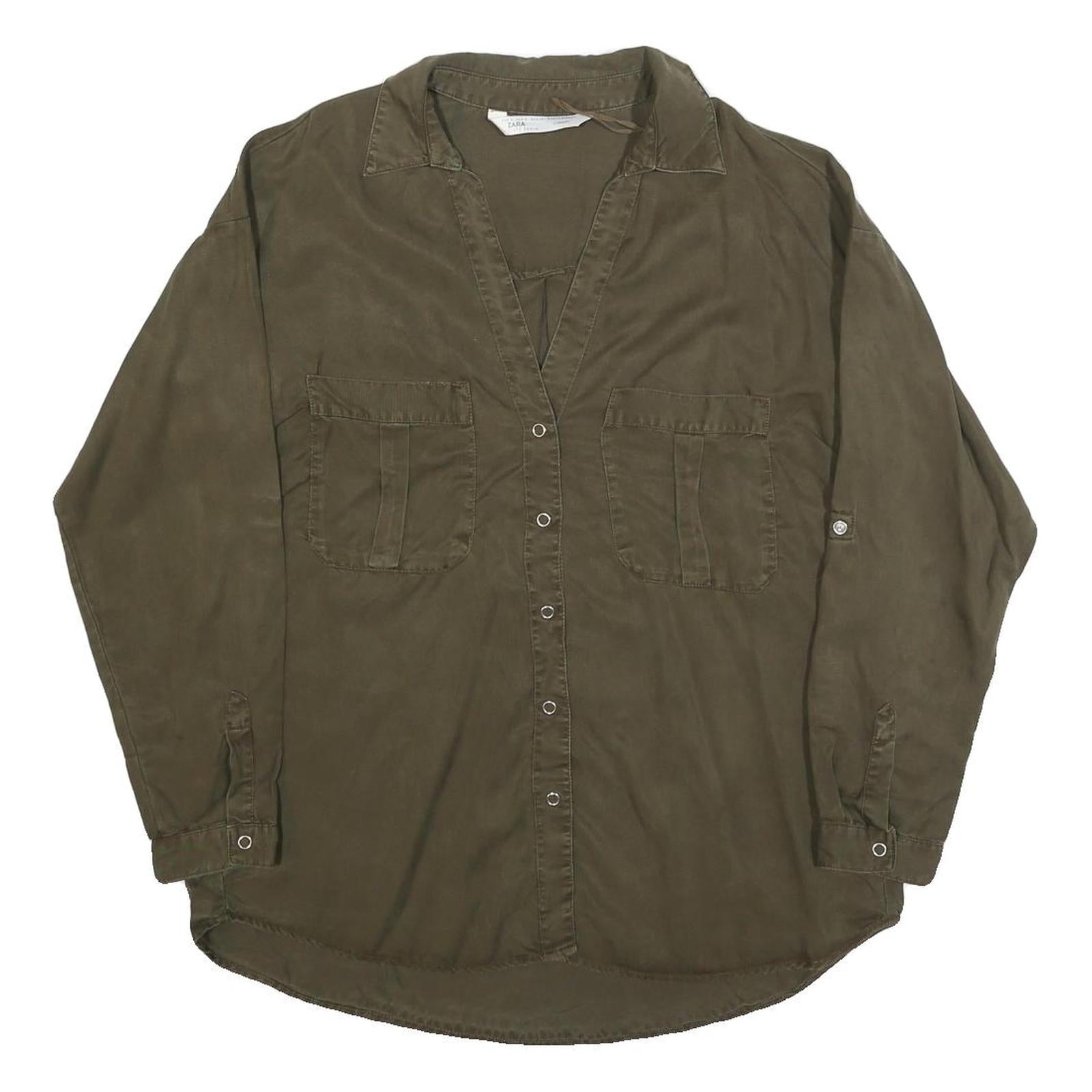 ZARA Womens Green Basic Long Sleeve V-Neck Shirt S Cotton Blend Casual Refurbished - N/A refurbished available on Cerqular