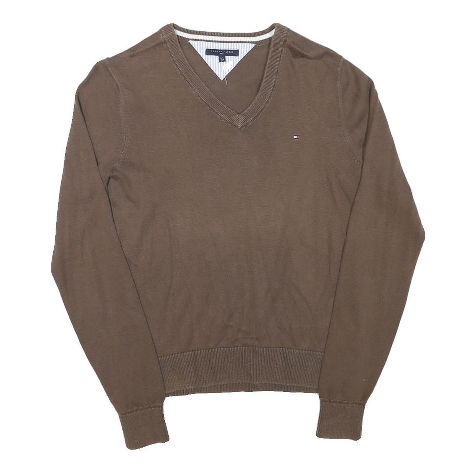 TOMMY HILFIGER Mens Brown Plain V-Neck Basic Knit Jumper S Classic Cotton Blend Refurbished - N/A refurbished available on Cerqular
