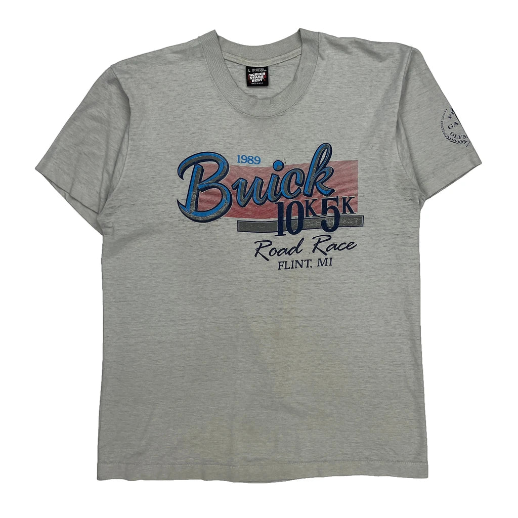 Buick 10K 5K Road Race Flint, Mi Screen Stars Single Stitch T-Shirt - Large Grey Cotton Blend Refurbished - Thrifted (note: this is a term often used to describe second- refurbished available on Cerqular
