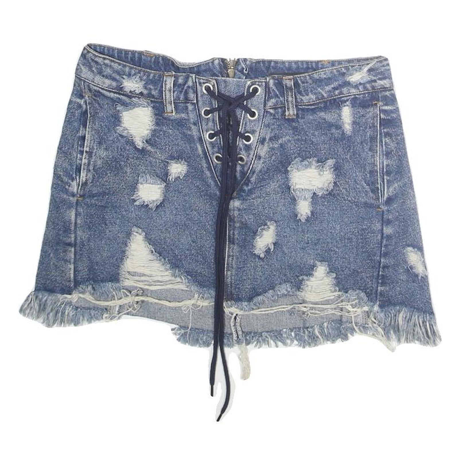 HONEYBUM Womens Blue Distressed Denim Mini Cotton Skirt M Lace Up Frayed Hem Refurbished - N/A refurbished available on Cerqular
