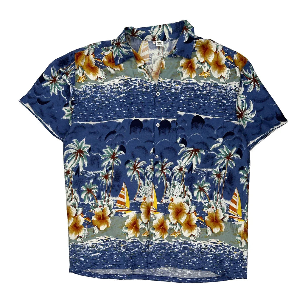 Koko Knot Floral Hawaiian Shirt - XL Blue Cotton Refurbished - Thrifted (note: this is a term often used to describe second- refurbished available on Cerqular