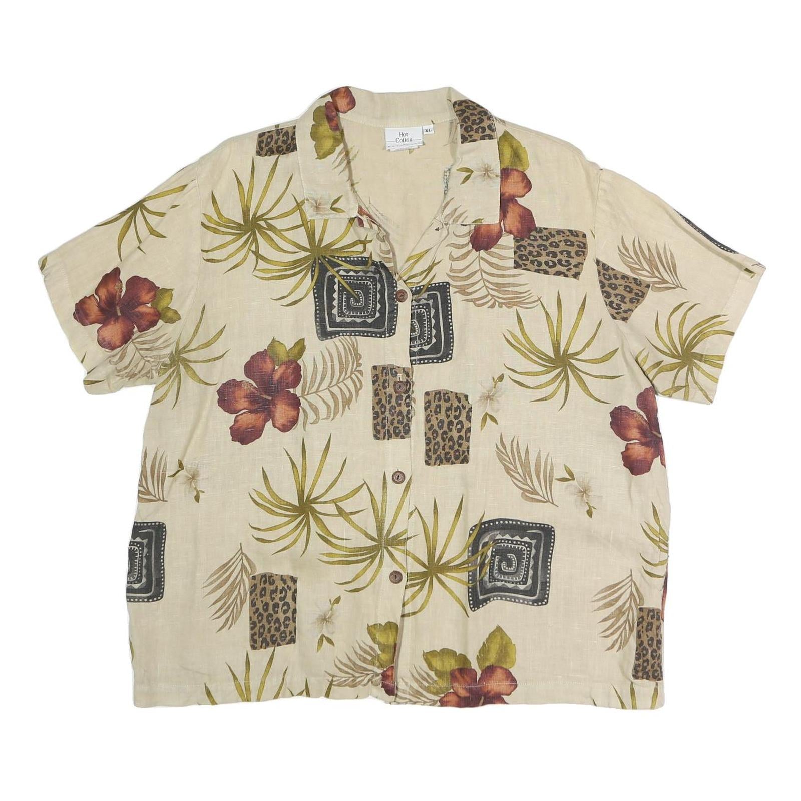 HOT COTTON Womens Beige Floral Print Shirt Short Sleeve Collared XL Cotton Blend Refurbished - N/A refurbished available on Cerqular