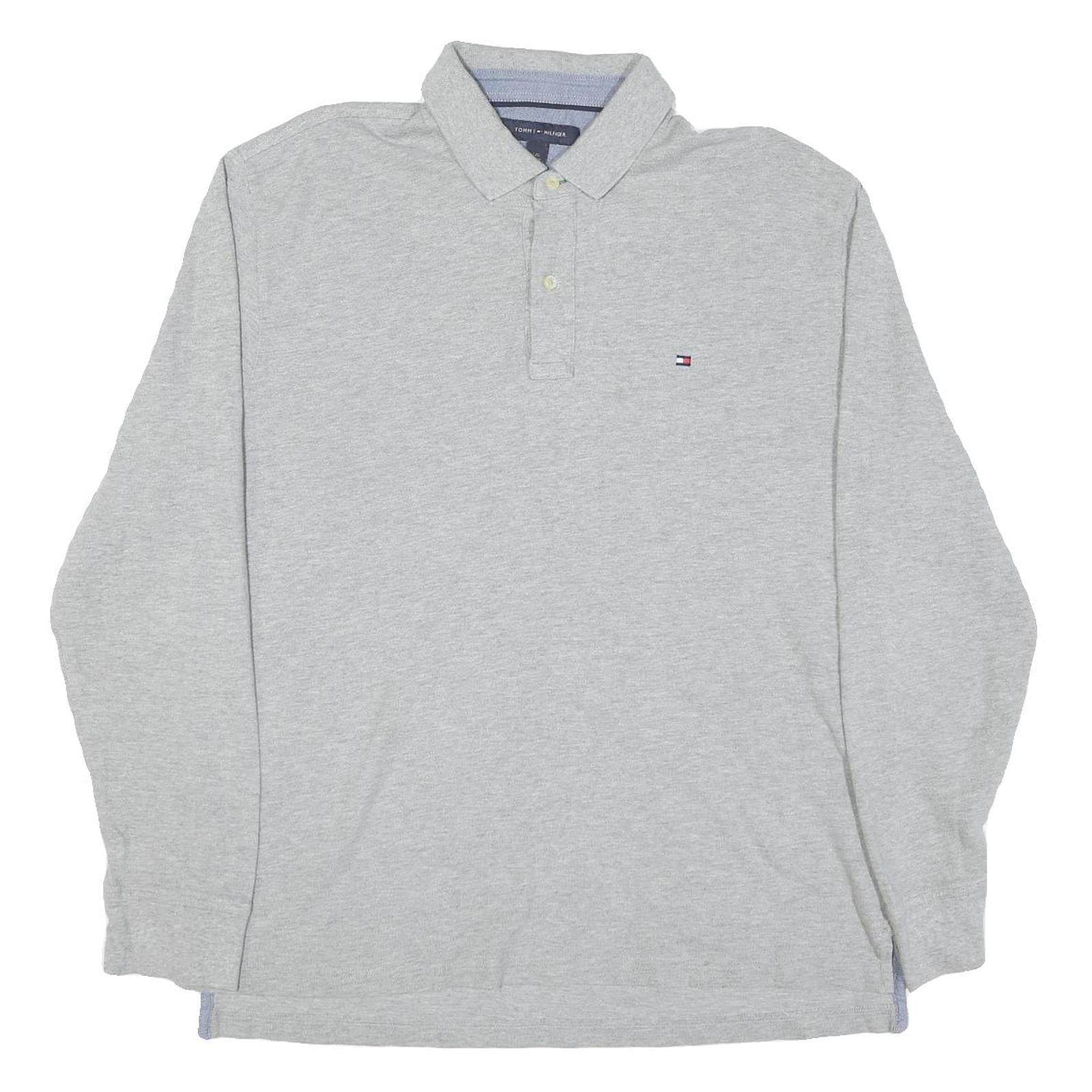 TOMMY HILFIGER Mens Grey Long Sleeve Plain Polo Shirt L Cotton Blend Classic Refurbished - N/A refurbished available on Cerqular
