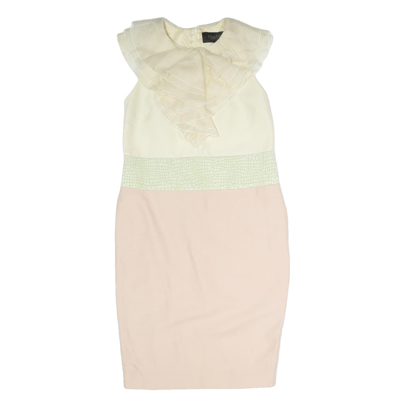 MAX MARA Womens Cream & Pink Day Polyester Dress M Ruffled Neck Pencil Refurbished - N/A refurbished available on Cerqular