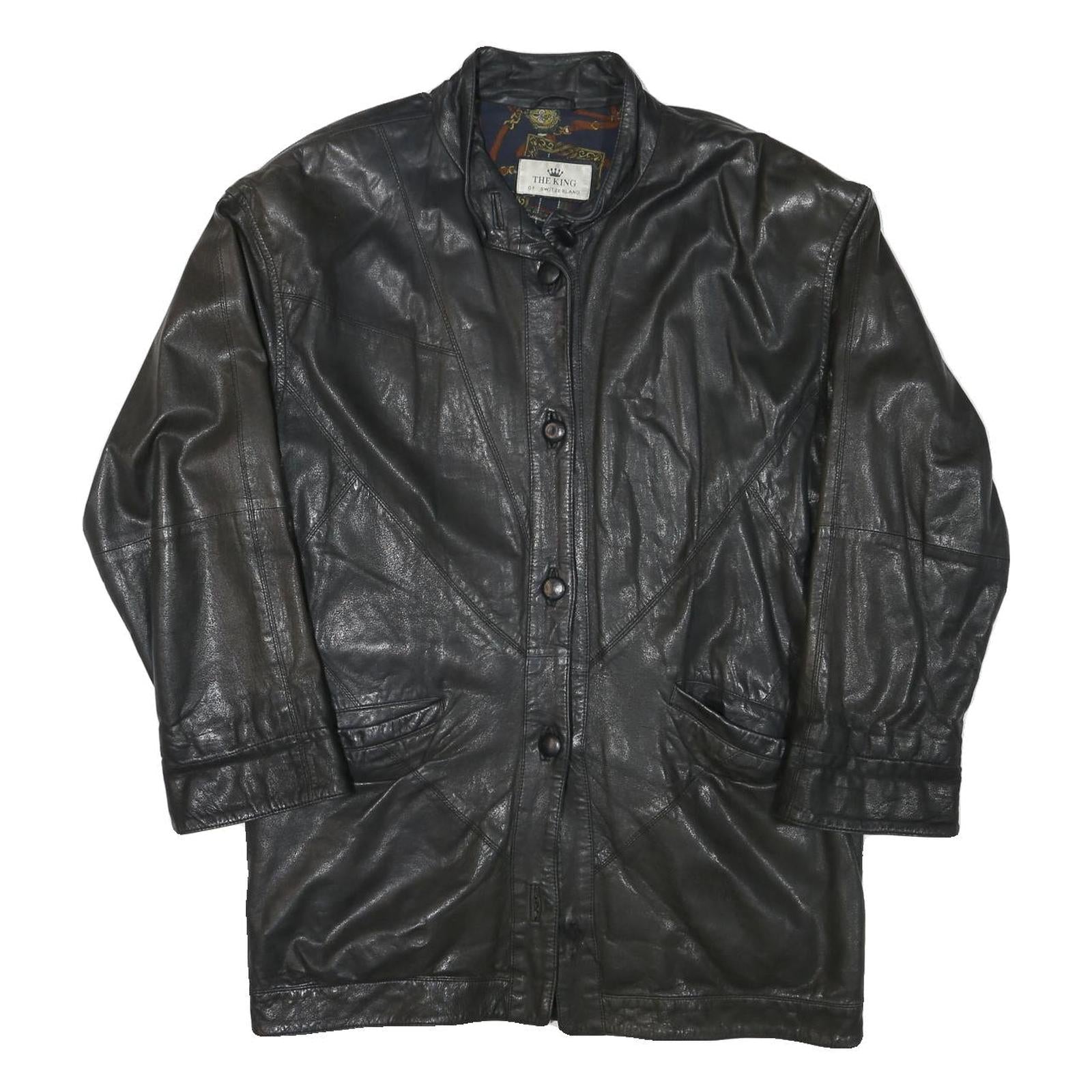 THE KING Womens Black Leather Button Jacket L Plain Button Closure Classic Refurbished - N/A refurbished available on Cerqular