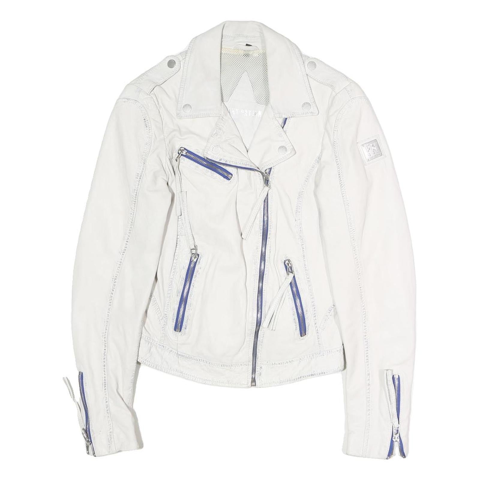 FREAKY NATION Womens White Leather Biker Jacket S Zip Casual Stylish Zip Pockets Refurbished - N/A refurbished available on Cerqular