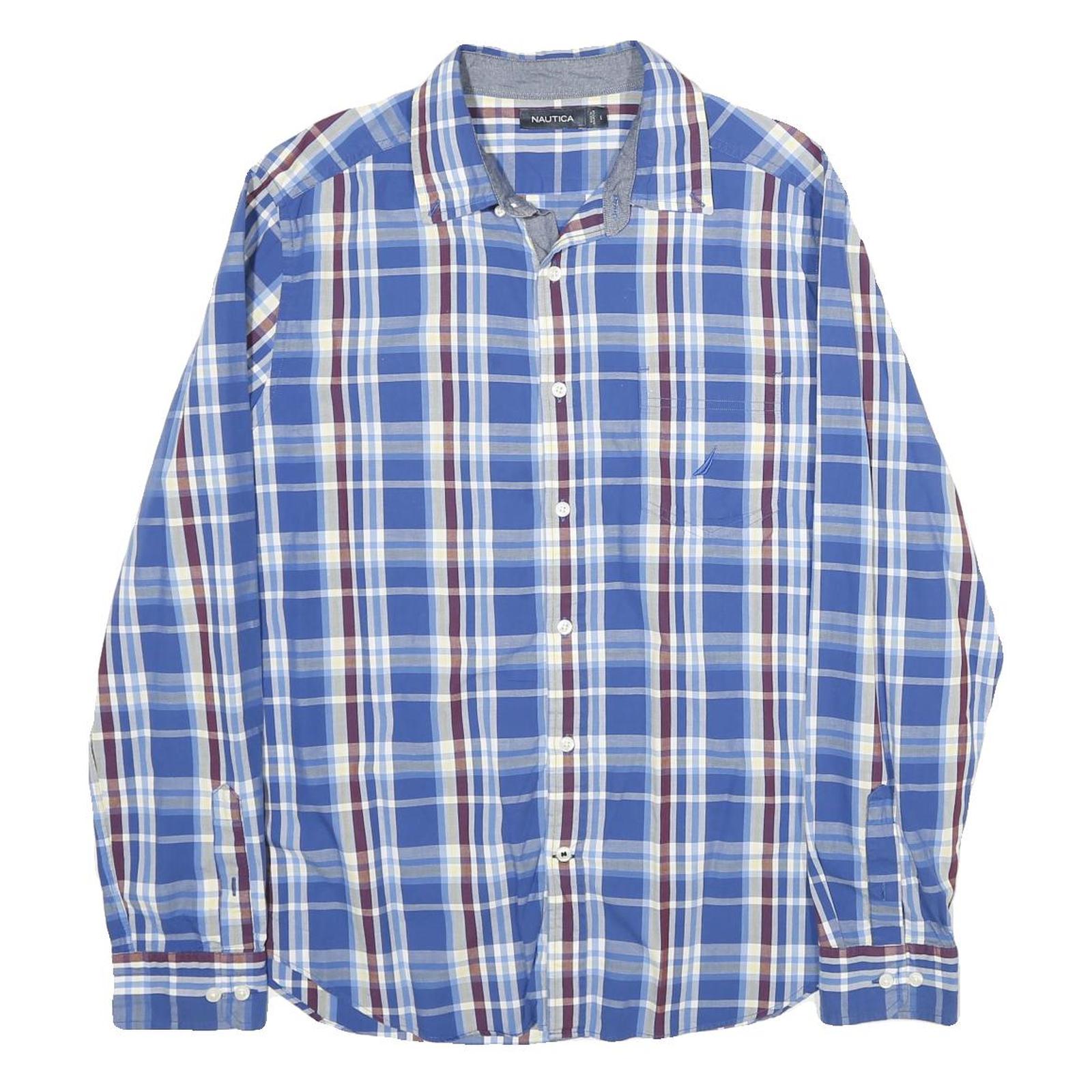 NAUTICA Mens Blue & White Plaid Cotton Shirt L Casual Long Sleeve Button Refurbished - N/A refurbished available on Cerqular