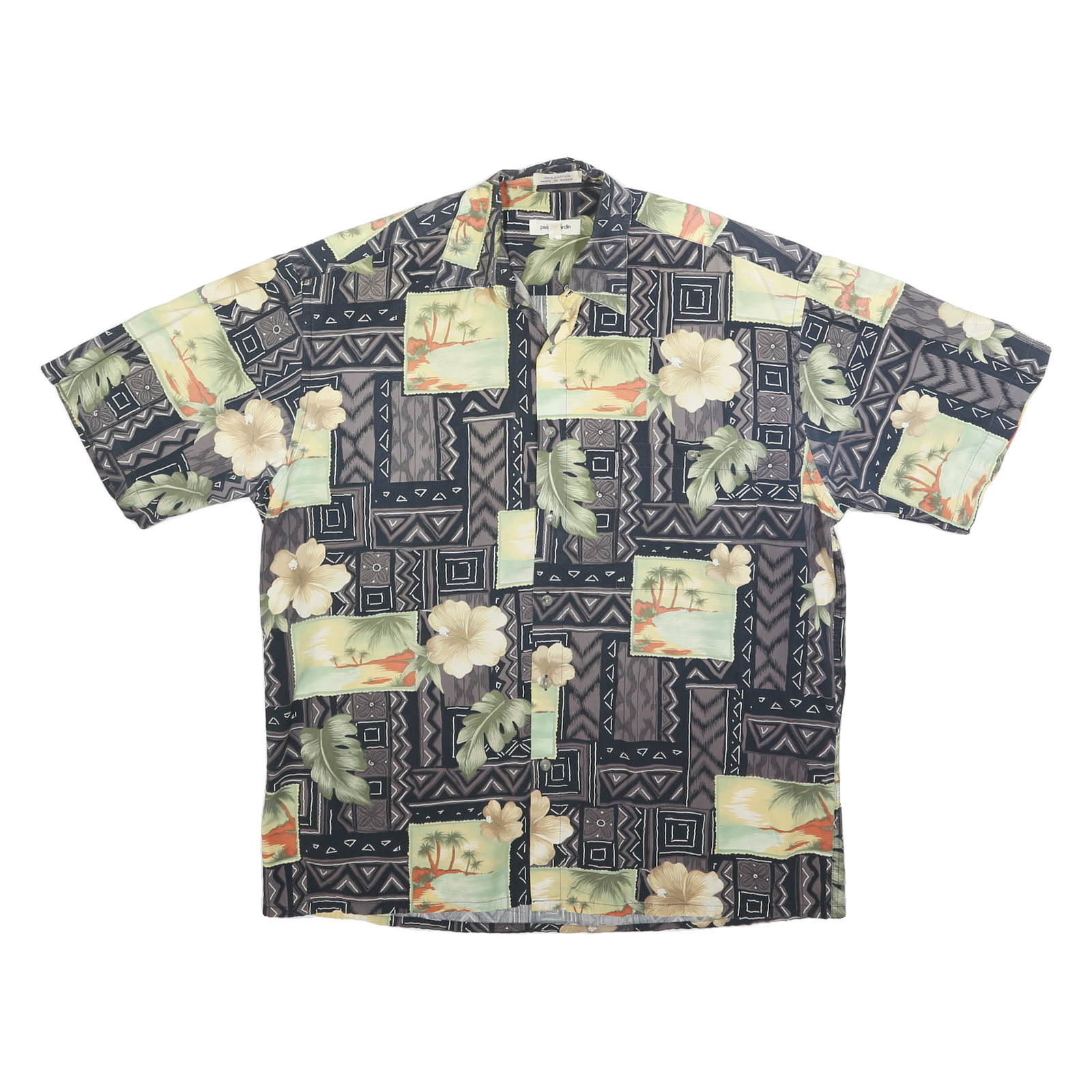 PIERRE CARDIN Mens Black & Green Floral Patchwork Hawaiian Shirt L Cotton Blend Refurbished - N/A refurbished available on Cerqular