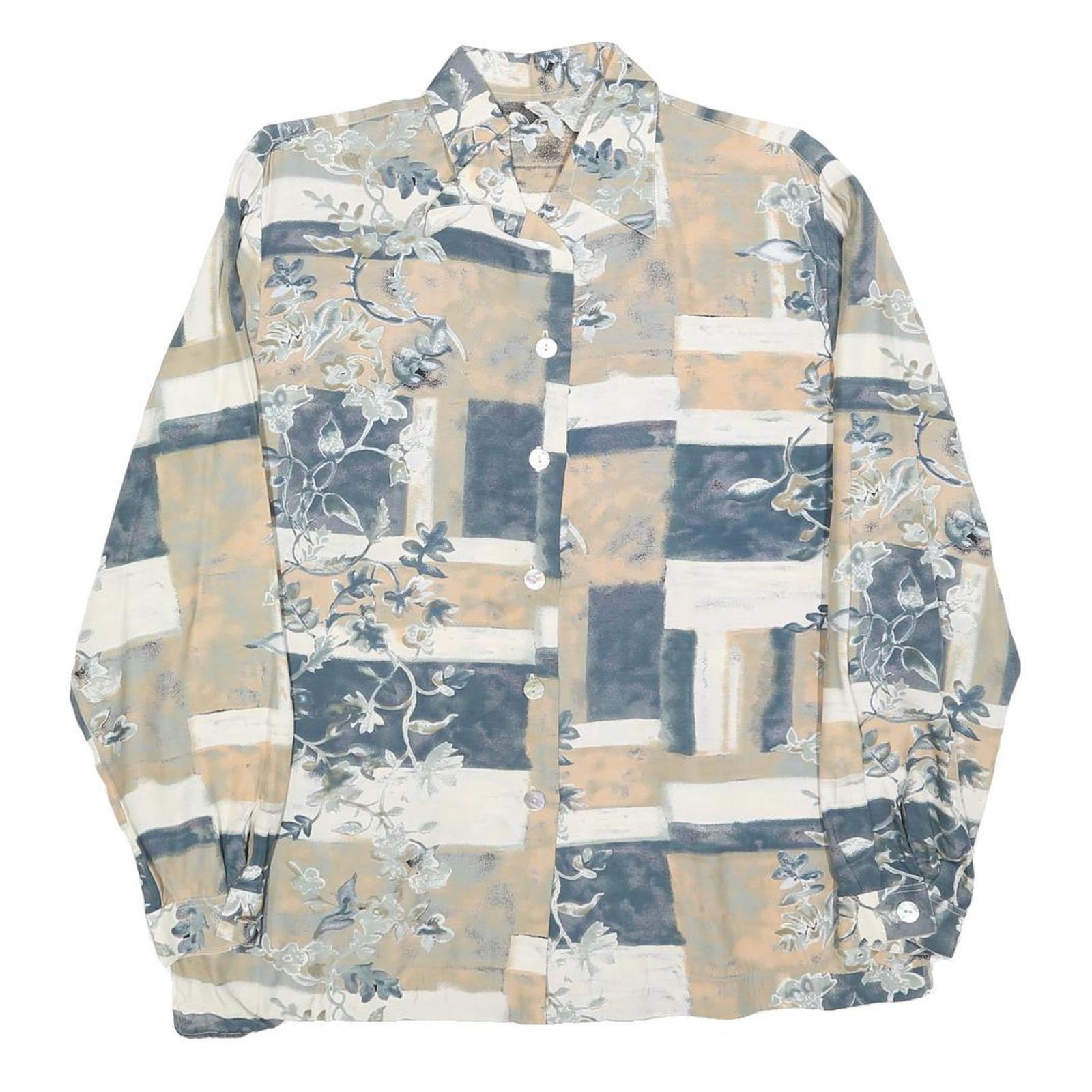 Womens Beige & Grey Abstract Floral Printed Shirt Long Sleeve Collared L Relaxed Refurbished - N/A refurbished available on Cerqular