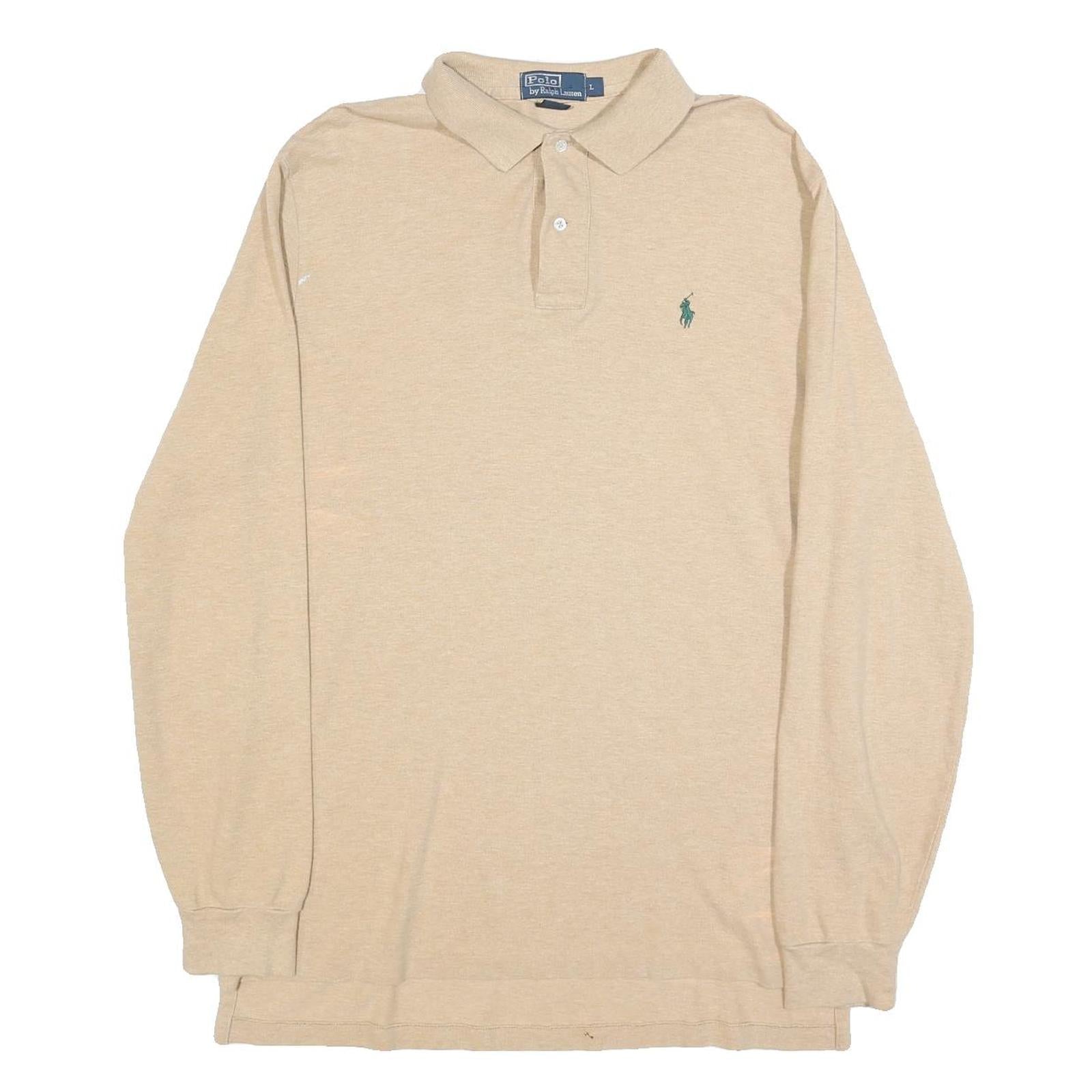 POLO RALPH LAUREN Mens Beige Long Sleeve Plain L Polo Shirt Cotton Blend Classic Refurbished - N/A refurbished available on Cerqular