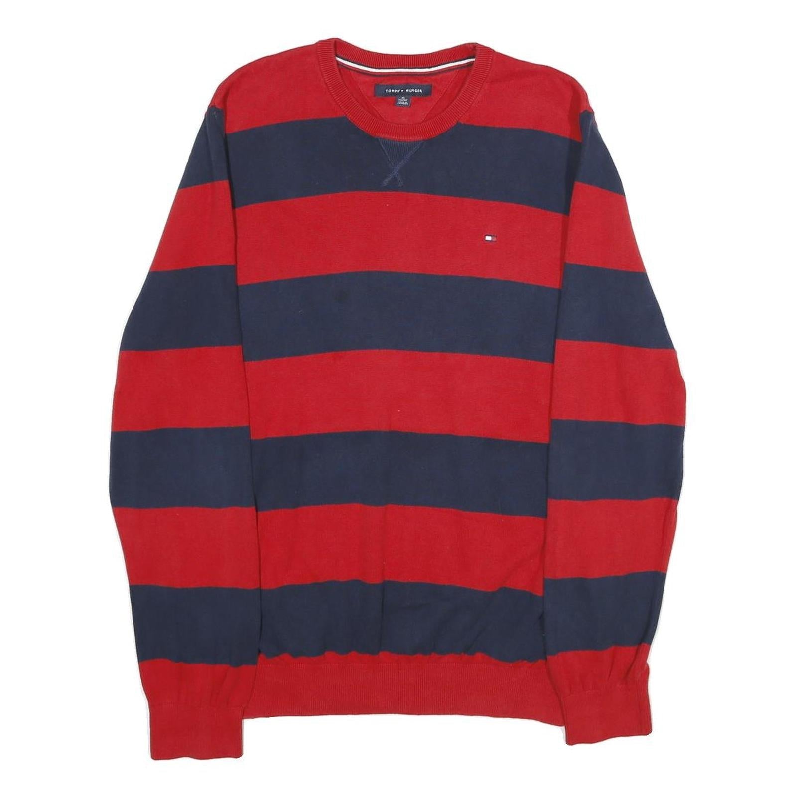 TOMMY HILFIGER Mens Red & Navy Stripe Patterned Cotton Jumper Crew Neck Basic Refurbished - N/A refurbished available on Cerqular