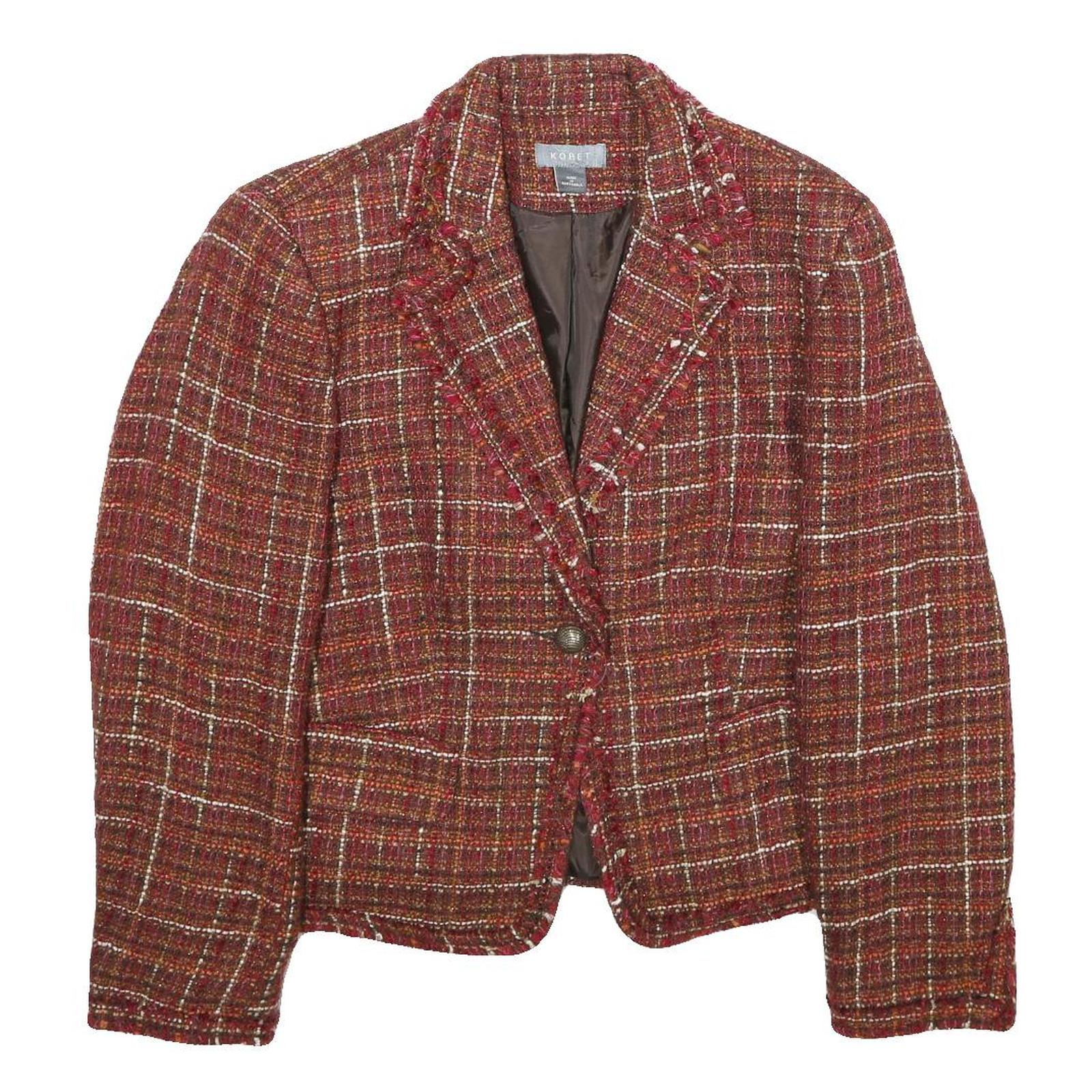 KORET Womens Red Burgundy Check Tailored Jacket Acrylic Button UK 14 Tweed Refurbished - N/A refurbished available on Cerqular