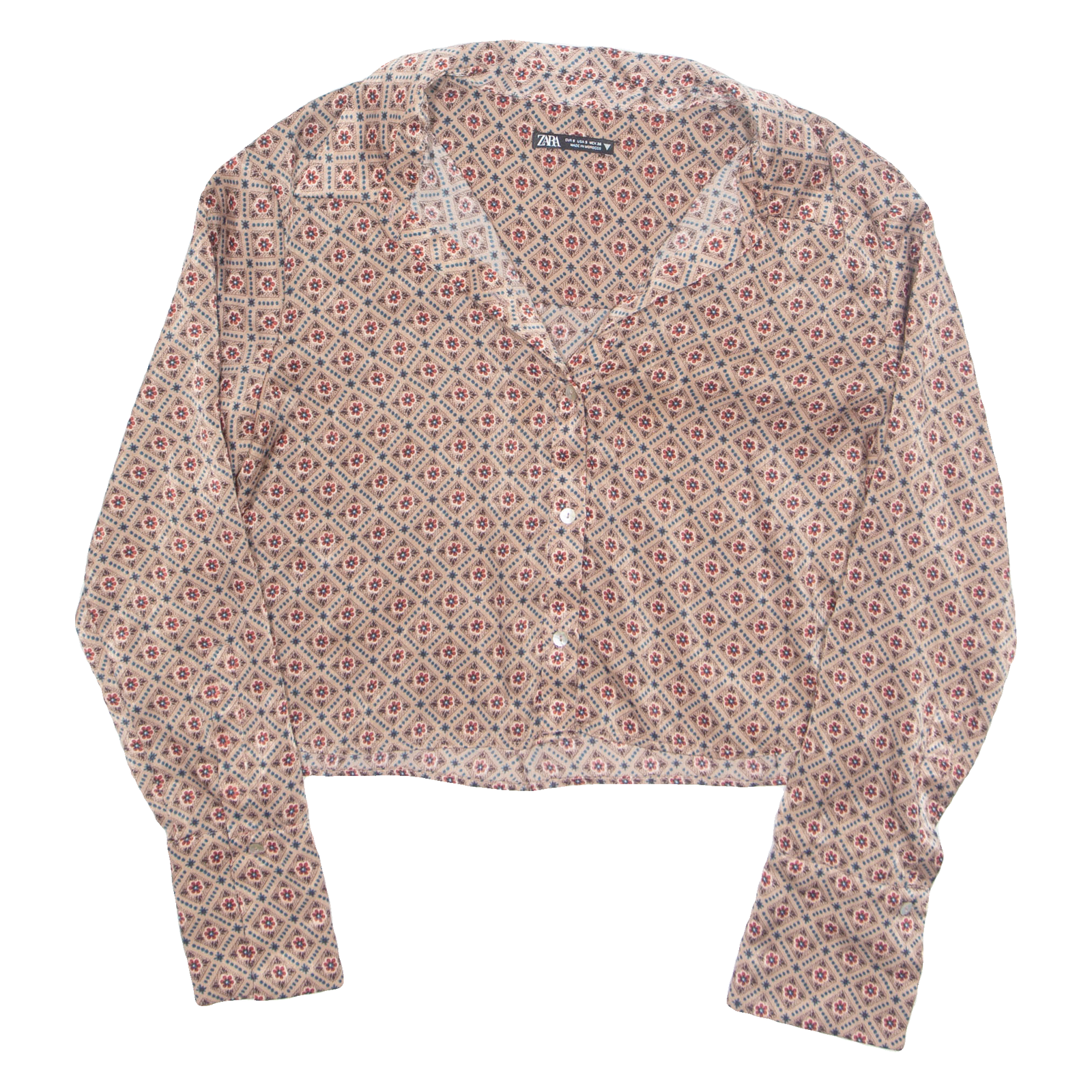 ZARA Cropped Womens Printed Shirt Beige Collared Long Sleeve Floral S Refurbished - N/A refurbished available on Cerqular