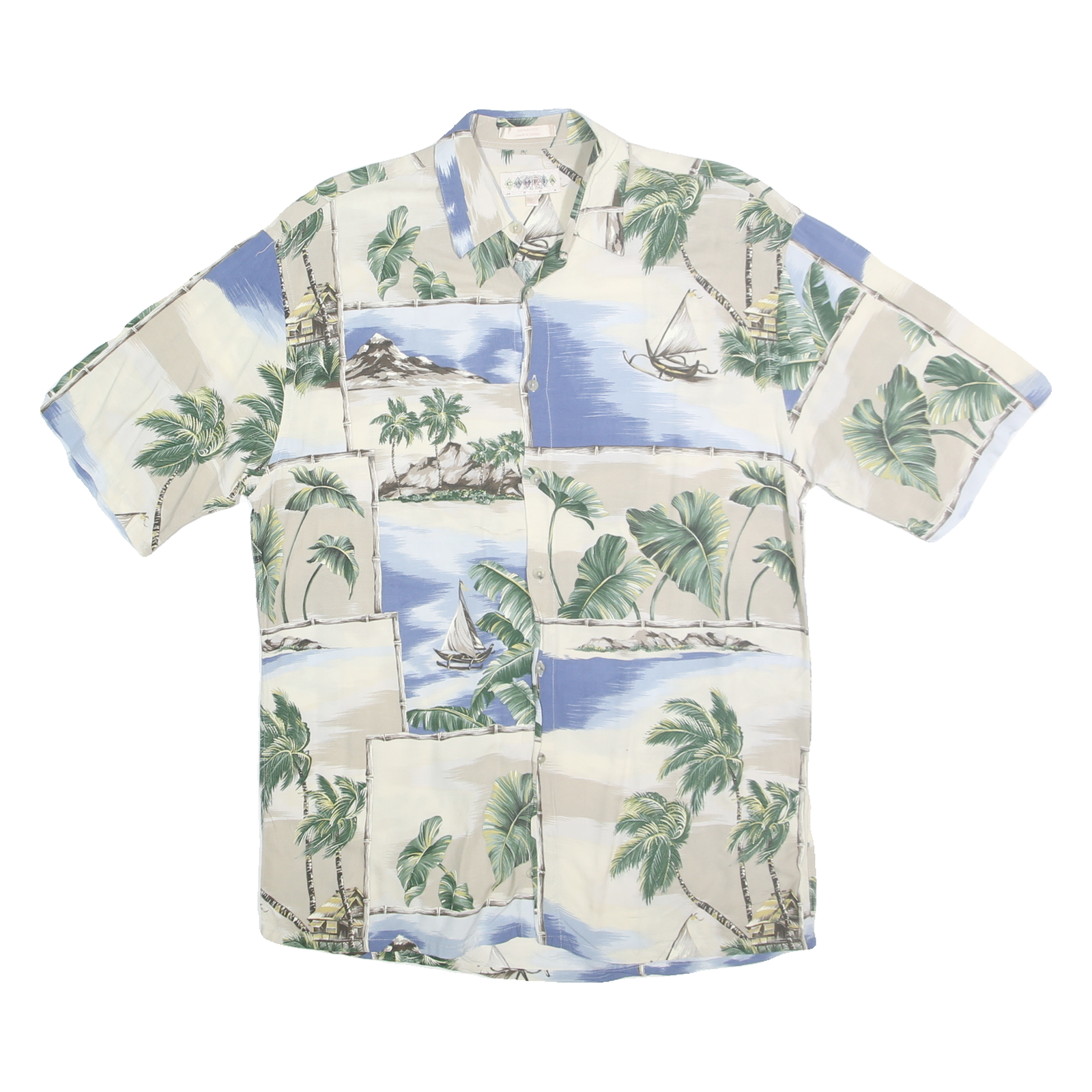 CAMPIA MODA Mens Beige & Blue Rayon Hawaiian Shirt L Tropical Beach Print Summer Refurbished - N/A refurbished available on Cerqular